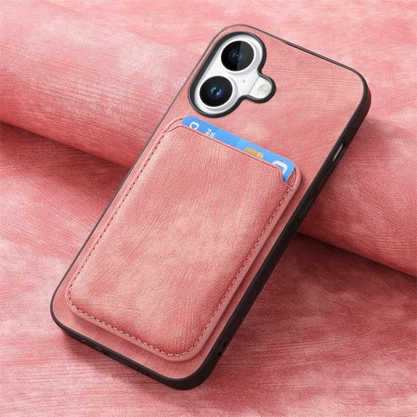 iPhone 17 Retro Läderkortväska Magnetisk Skal Rosa
