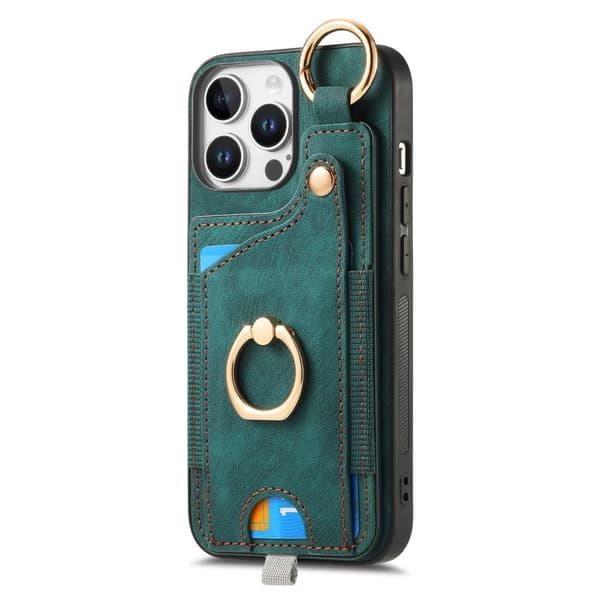 iPhone 16 Pro Retro Skin-feel Ring Card Bag Skal med Hängslinga Grön