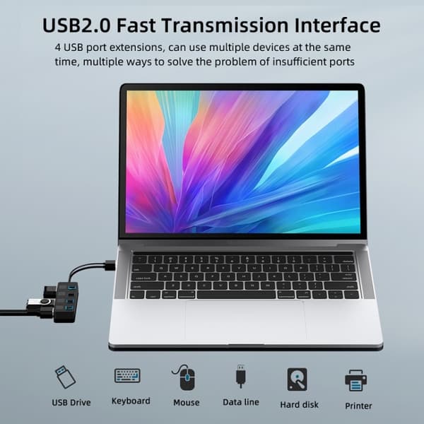 4-Port USB 2.0 Hub med 4 Strömbrytare (Vit)