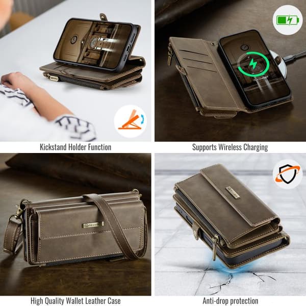 iPhone 18 Pro Max / iPhone 17 Pro Max Skal läderfodral med RFID-blockering och dragkedja, inklusive axelrem Kaffe