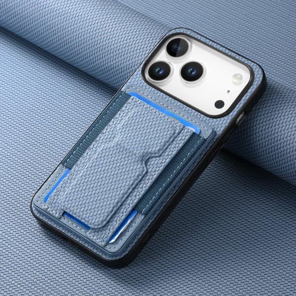 iPhone 17 Pro Skal - Kolfiber med Fällbart Ställ och Elastisk Kortficka Blå