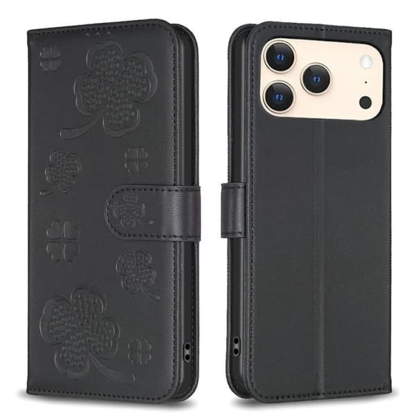 iPhone 18 Pro Max / iPhone 17 Pro Max Skal läderfodral med fyrklöverprägling Svart