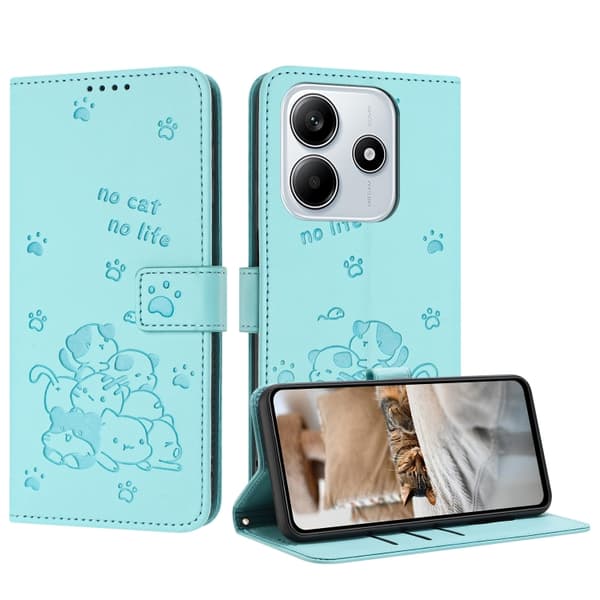 Redmi Note 14 5G - Prägad Katt Mobilskalsläder med Lanyard Mintgrön