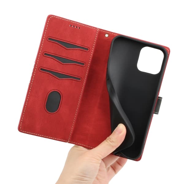 iPhone 16 Pro Max Skal Läder med Lanyard - Grid Stitching Design Röd