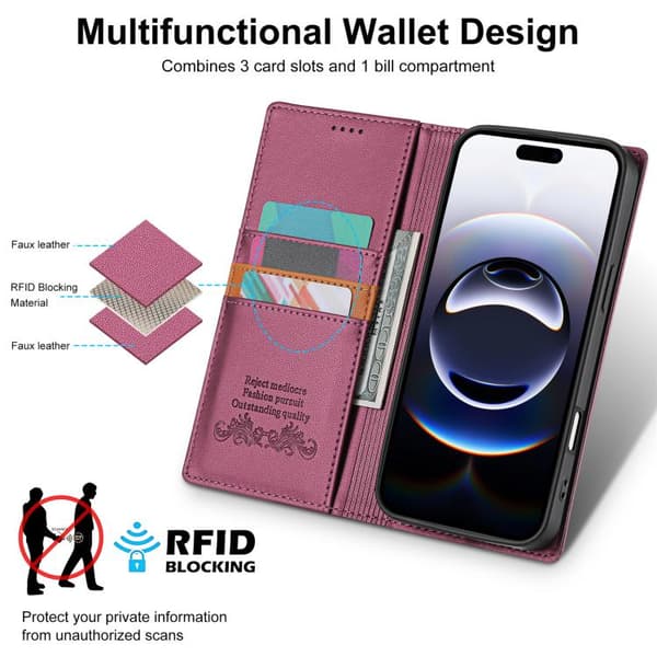 iPhone 18 Pro / iPhone 17 Pro Skal läderfodral N.BEKUS P3 RFID med magnetisk flip Vinrött