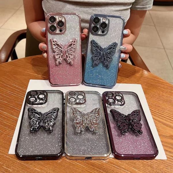 iPhone 16 Pro Max Skal med Elektropläterad Gradient Glittrande 3D Fjäril TPU Gradient Silver