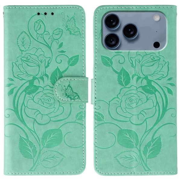 iPhone 18 Pro Max / iPhone 17 Pro Max Skal Läderfodral med Rosafärgad Fjäril Prägling Grön
