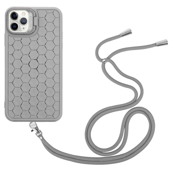 iPhone 16 Pro Honeycomb Strålningshållare TPU Skal med Lanyard Grå
