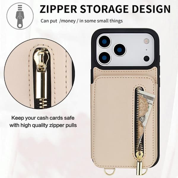 iPhone 18 Pro Max / iPhone 17 Pro Max Skal med Zipper och Dubbel Lanyard Aprikos