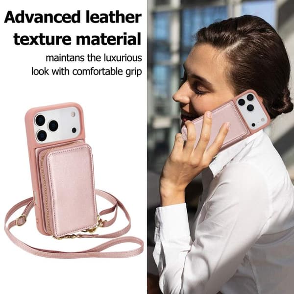 iPhone 18 Pro Max / iPhone 17 Pro Max Skal med Crossbody Dragkedja och RFID Kortficka Roséguld