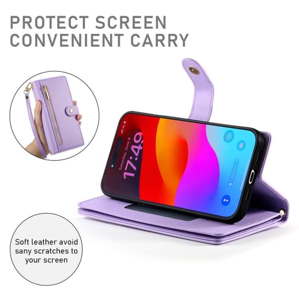iPhone 18 Pro Max / iPhone 17 Pro Max Skal läderfodral med nio kortfack och dragkedja Purpur