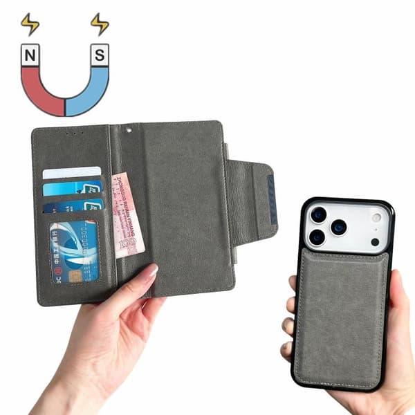 iPhone 18 Pro / iPhone 17 Pro Skal Läderfodral med Multifunktionell 7-Korts Fack Grå