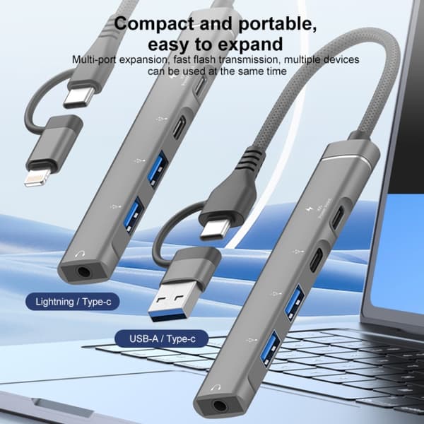 5-i-2 Multifunktionell Hub Adapter, USB-C / Type-C + USB-A (Grå)