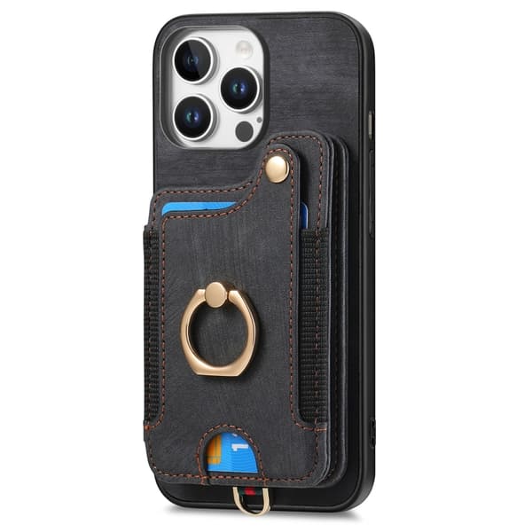 iPhone 16 Pro Max Retro Skinnkänsla Ring Multi-kort Plånboks Skal Svart