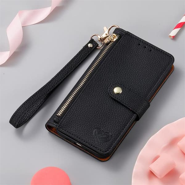 Redmi Note 14 4G - Läderfodral med Kärlek Zipper Lanyard Svart