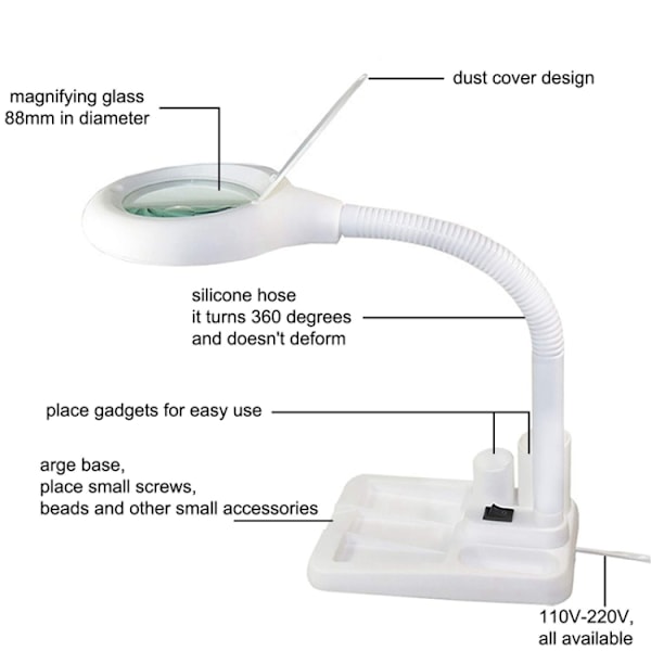 Vit LED-skrivbordslampa Skrivbordsförstoringsglas Arbetslampa (GB-kontakt)