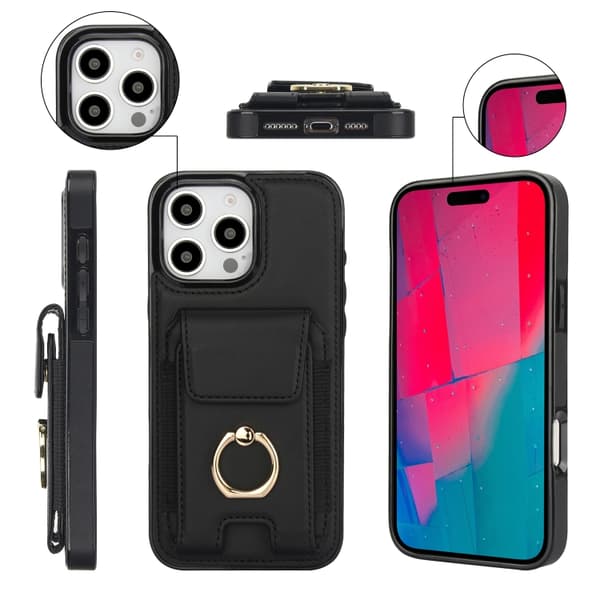 iPhone 16 Pro Max Elastisk Kortväska Ringhållare Skal Svart