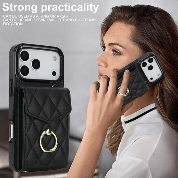 iPhone 18 Pro Max / iPhone 17 Pro Max Skal med Rhombisk Textur och Lång Lanyard Svart