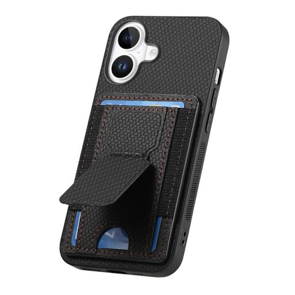 iPhone 17 Skal - Kolfiber med Fällbart Ställ och Elastisk Kortficka Svart