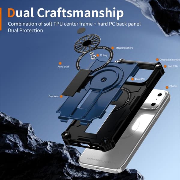 iPhone 18 Pro Max / iPhone 17 Pro Max Shockproof Kickstand Metallic Shaft MagSafe Skal Blå