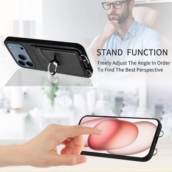 iPhone 17 Pro Skal med Korsa Rep Ring och Kortfack Svart
