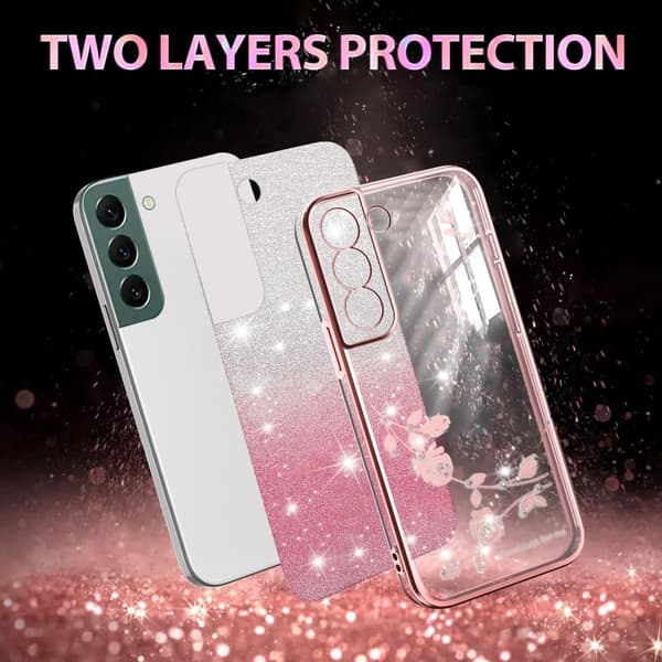Samsung Galaxy S22 5G Skal med Gradient Glittrande Blommor Rosa