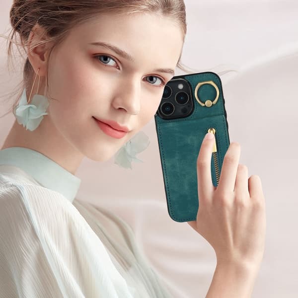 iPhone 16 Pro Max Retro Ring och Zipper RFID Kortfack Skal Blå