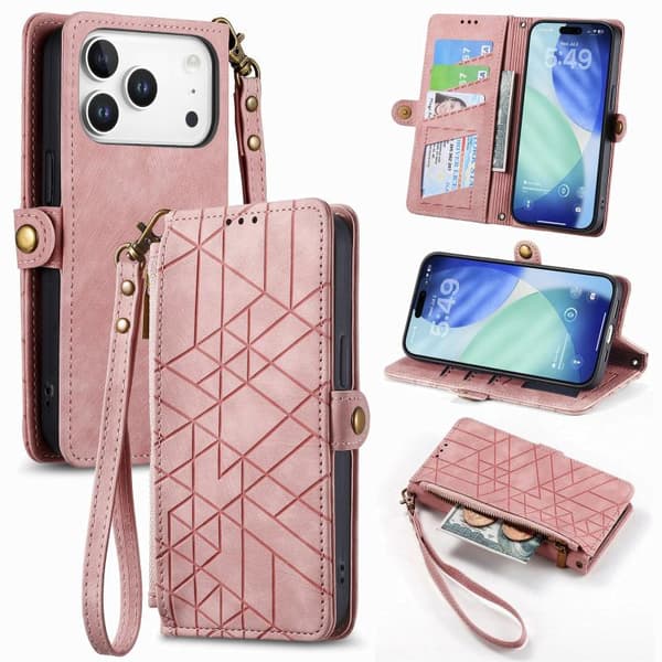 iPhone 17 Pro Max Skal läderfodral med geometrisk dragkedja och sidobuckle Rosa