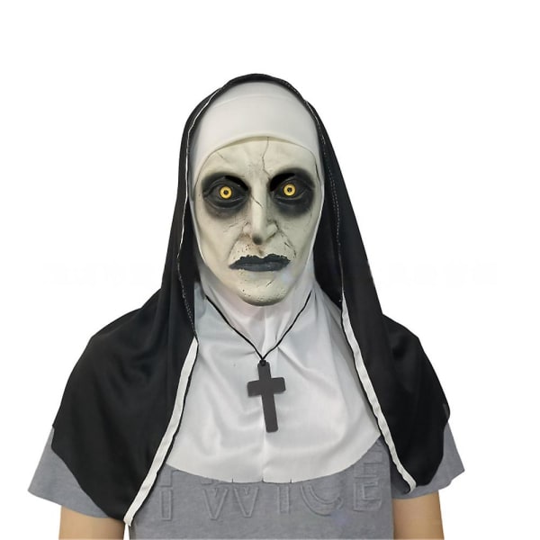 Läskig nunna Halloween-fest Latexmask med huvudduk Skrämmande helkroppshjälm Huvudbonader för Devil Cosplay Carnival Kostymrekvisita