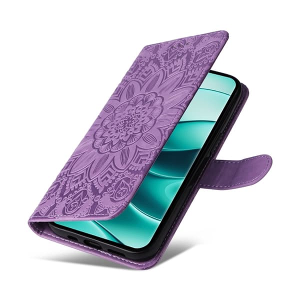 Redmi Note 14 Pro 5G / Note 14 Pro+ 5G - Prägad Solros Läderfodral Purpur