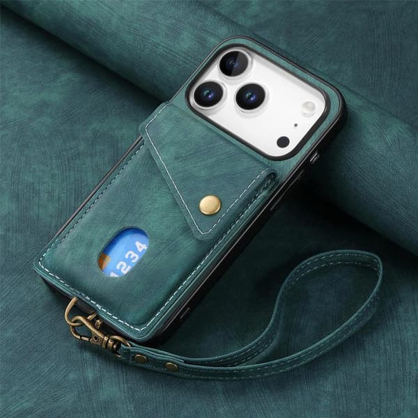 iPhone 17 Pro Max Skal läderfodral med retro kortficka och rem Grön