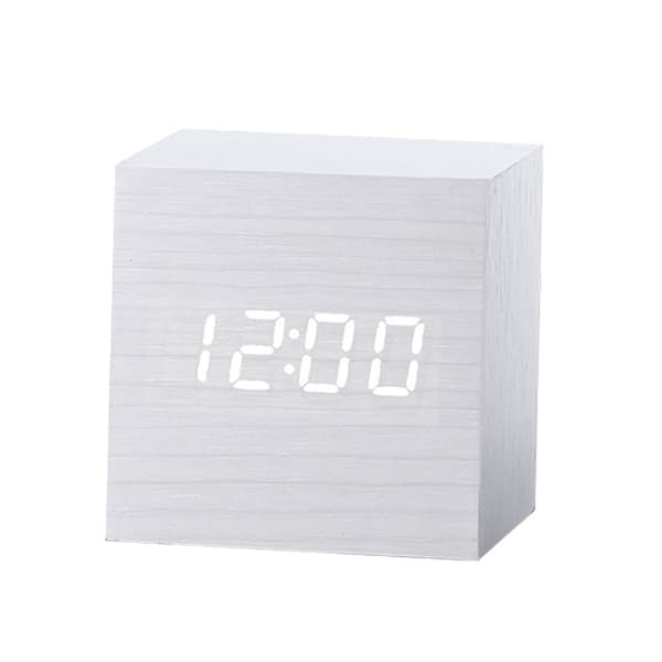 Flerfärgad ljudkontroll träklocka modern digital LED skrivbordsalarmklocka termometer timer vitt trä