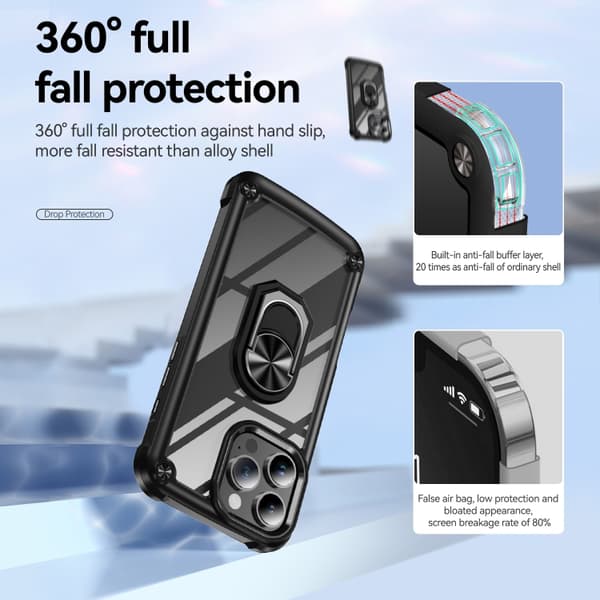 iPhone 16 Pro Max Skal med TPU + PC Linsskydd och Ringhållare Svart
