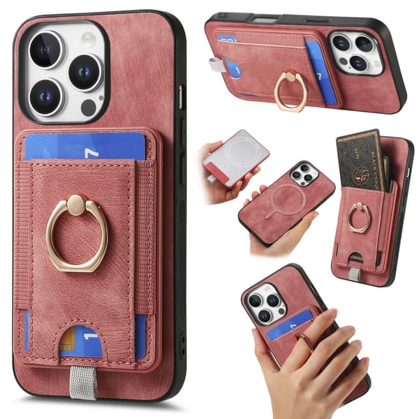 iPhone 16 Pro Retro Delbart Magnetisk Kortväska Läder Skal Rosa