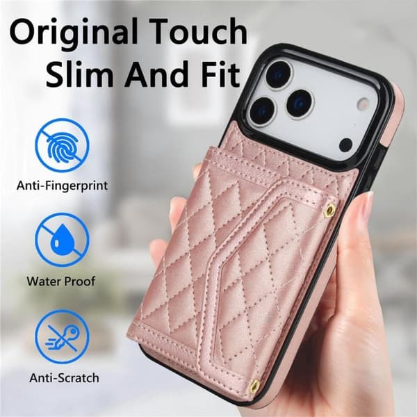 iPhone 18 Pro / iPhone 17 Pro Skal med Spaltad Rhombisk Textur och Lång Rem Roséguld