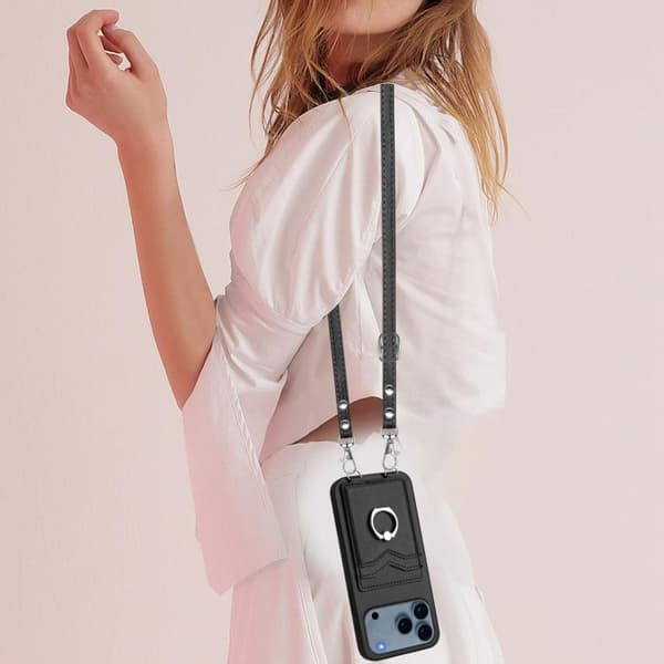 iPhone 18 Pro Max / iPhone 17 Pro Max Skal med Crossbody Rep Ring och Kortfack Svart