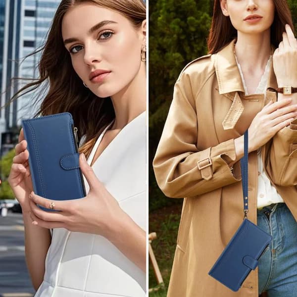 iPhone 18 Pro Max / iPhone 17 Pro Max Skal - Läder med Magnetstängning, 9 Kortfack och Handrem Mörkblå