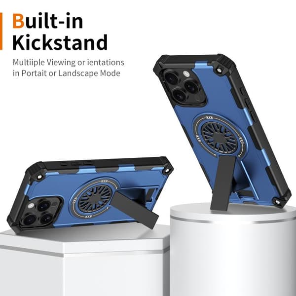 iPhone 16 Pro Max Shockproof Kickstand Metallic Shaft MagSafe Skal Blå