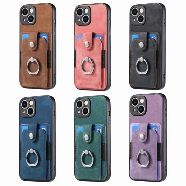 iPhone 16 Pro Retro Skin-feel Ring Card Wallet Skal Blå