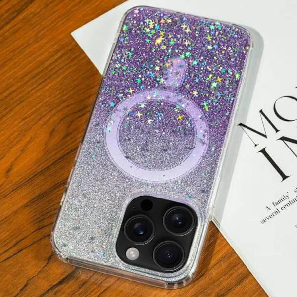 iPhone 16 Pro Max Gradient Glitter Stjärnig MagSafe Skal Gradient lila