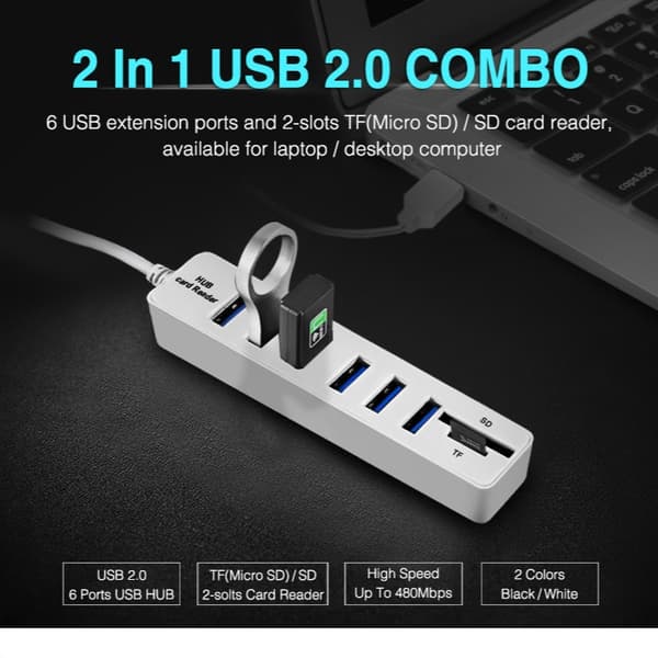 Multi USB 2.0 Hub med 6 portar och TF/SD kortläsare (Vit)