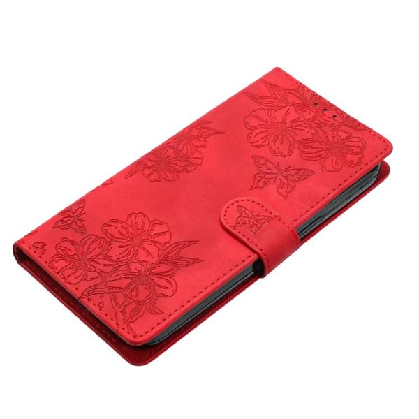 iPhone 18 Pro Max / iPhone 17 Pro Max Skal med Embossed PU och Körsbärsblomma Fjärilsmönster Röd
