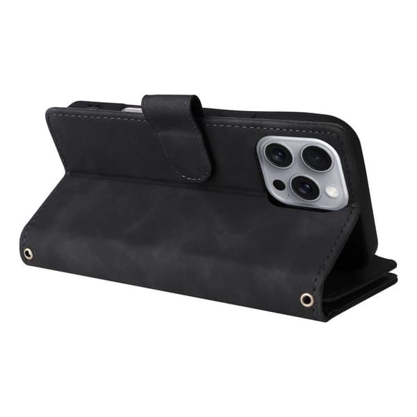 iPhone 16 Pro Multifunktionell Multi-Kort Wallet Skal Läder Fodral Svart