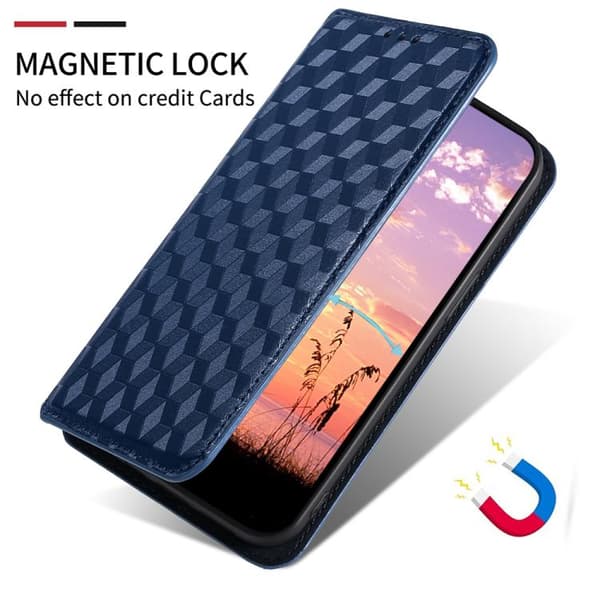 iPhone 16 Pro Cubic Grid Texture Skal Läder Fodral Blå