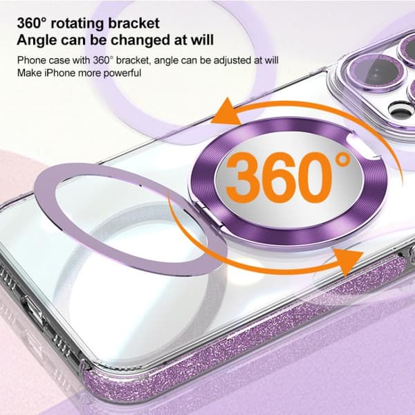 iPhone 16 Pro Max Transparent Glitter Spegel Rotating Holder Skal Blå