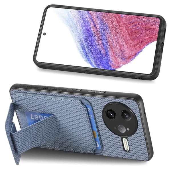 Redmi K80 / Poco F7 Pro - Kolfiber Kortfodral med Fällbart Ställ Blå