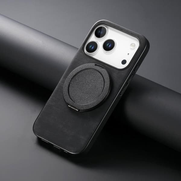 iPhone 17 Pro Retro Läder Rotations Rund Skal Svart