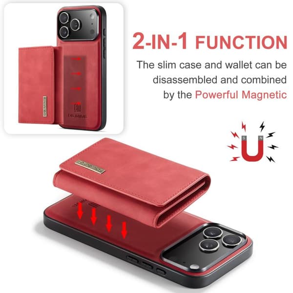 iPhone 18 Pro Max / iPhone 17 Pro Max Skal läderfodral DG.MING M1 Series 3-Fold Multi Card Wallet Röd