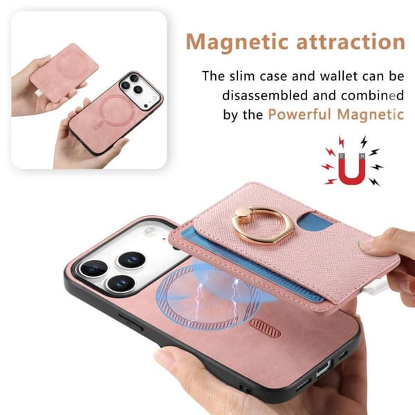 iPhone 18 Pro Max / iPhone 17 Pro Max Retro Cross Läder Ring Sidoficka MagSafe Skal Rosa