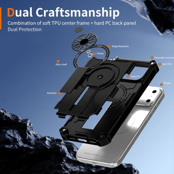iPhone 18 Pro Max / iPhone 17 Pro Max Shockproof Kickstand Metallic Shaft MagSafe Skal Svart